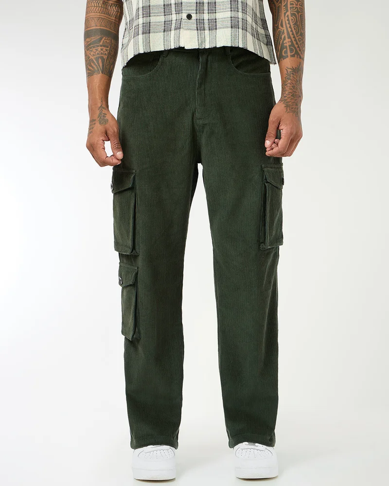 بيواكوف Men's Dark Olive Green Straight Fit Cargo Corduroy Pants